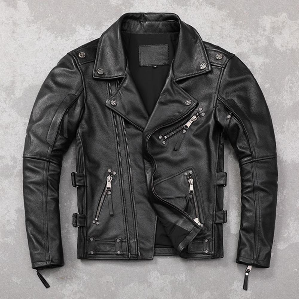 Chinese Size Motorcycle Cowhide Genuine Leather Jacket Men Slim Stone Milled Retro Jacket Calfskin Coat Men Moto Biker Riding Clothes