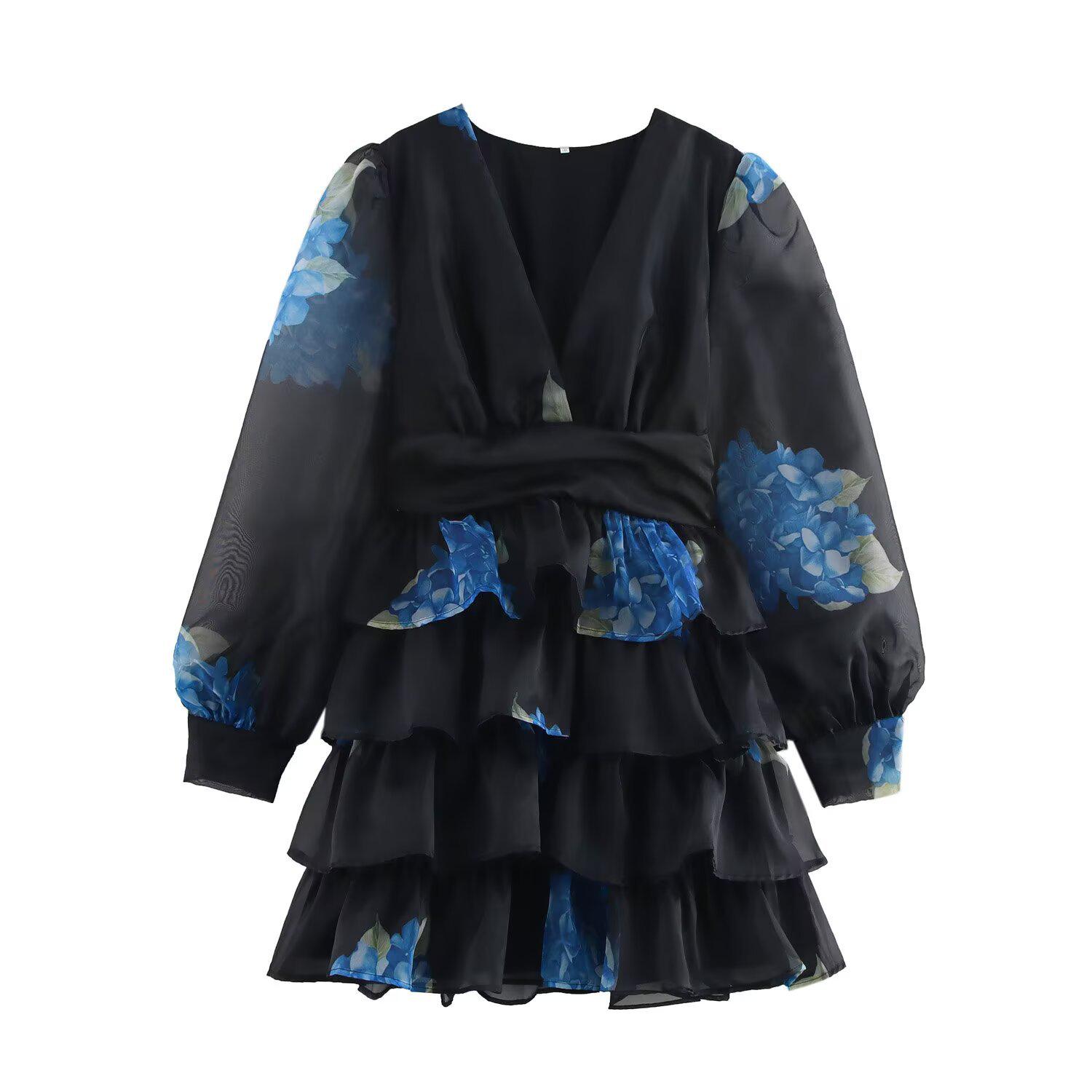 

Весна 2025 Женский Плюс Размер Европейский и Американский V-образный вырез Органза Принт Многослойная Юбка XL чёрный