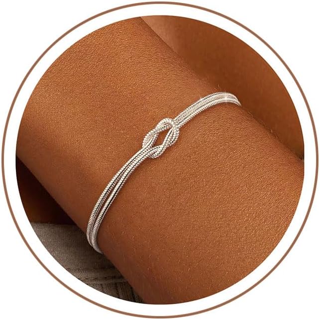 KOHOTA Strieborné Zlaté Náramky pre Ženy Trendy Náramková Súprava Nehrdzavejúca | 14K Zlatom a Striebrom Pokovený Stohovateľný Náramok, Jemný Uzol Srdce Perla Silver 1 brown