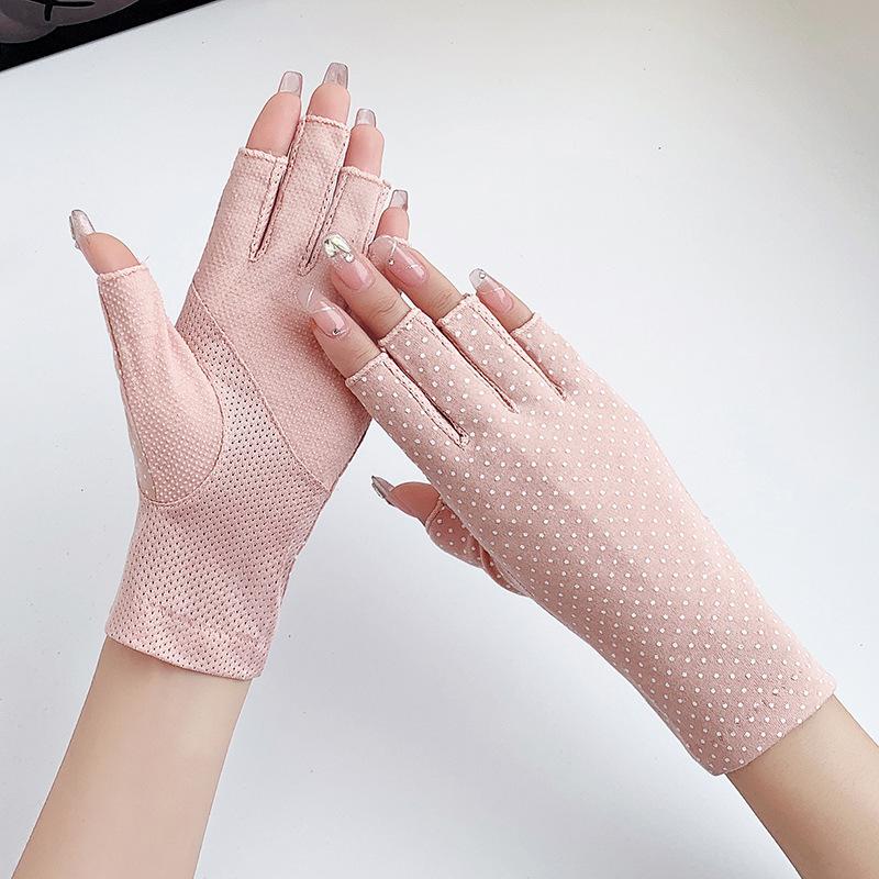 Women’s Summer UV Protection Gloves, Cotton Breathable Stretch Gloves, Anti-Slip Half Finger Gloves for Driving Riding Outdoor