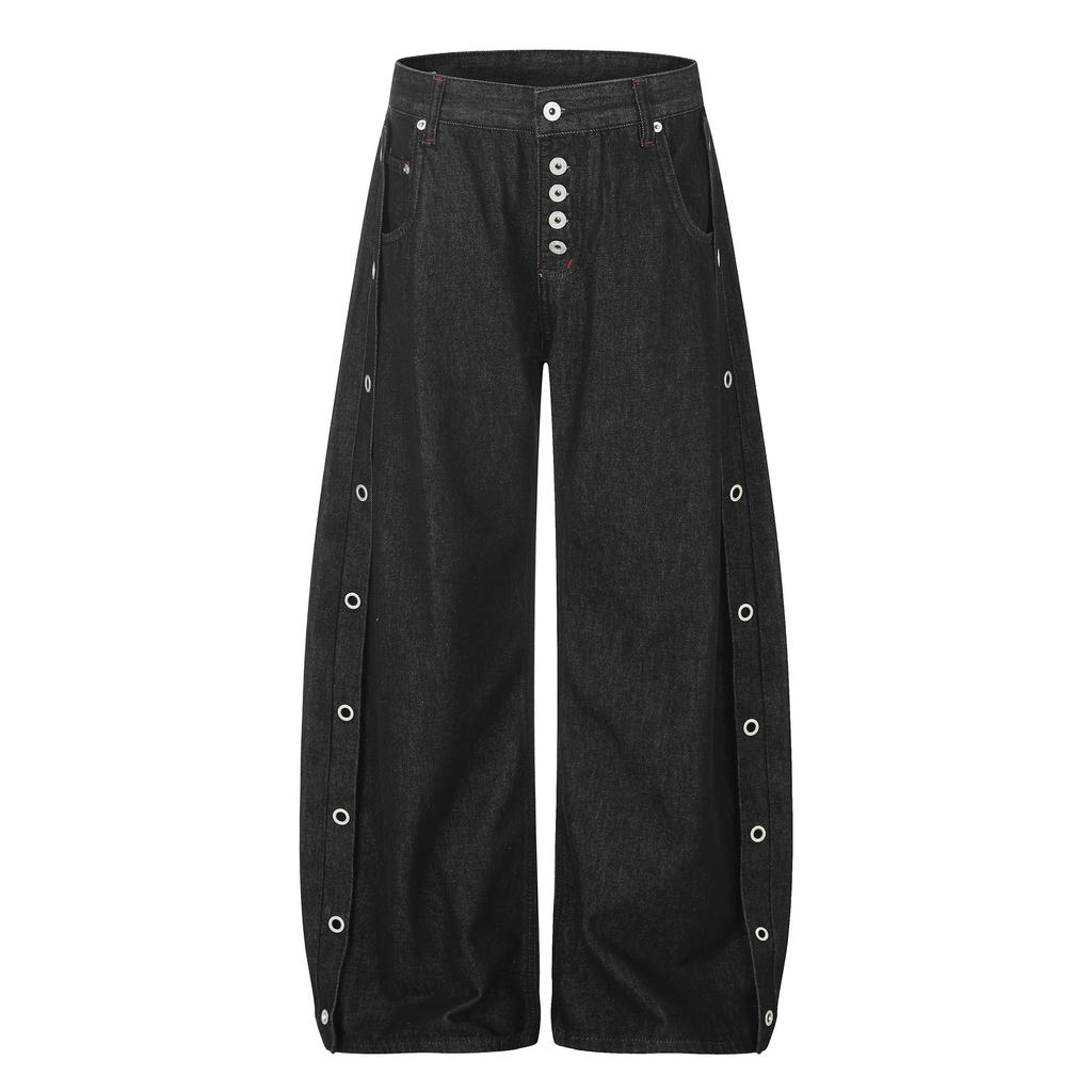 American retro trendy brand button design sense primary color washed jeans loose wide leg pants personalized street scimitar pants