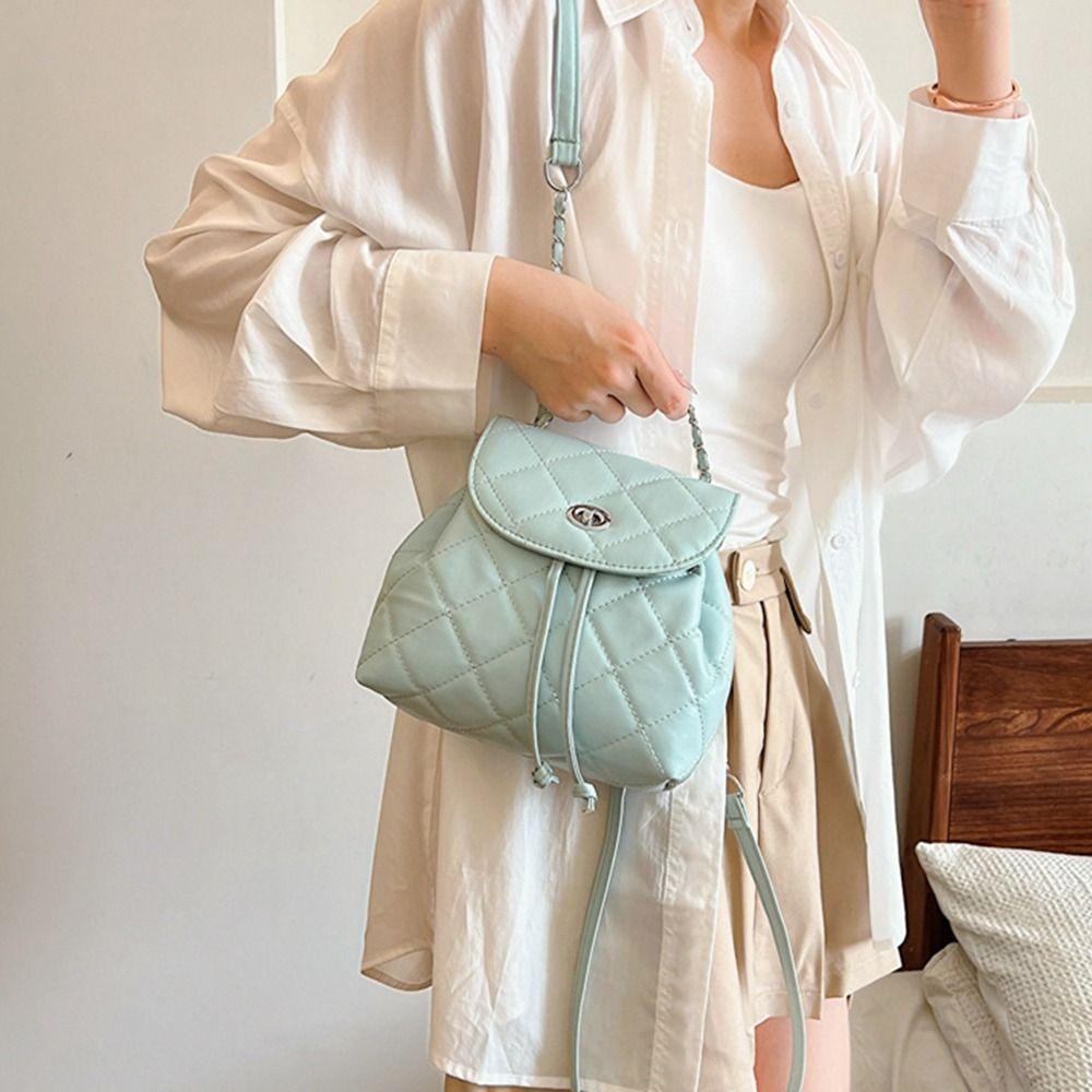 Cute Small Backpack Pu Leather Pu Bucket Bag Sweet Rhombic Lattice Chain Shoulder Bag Girl