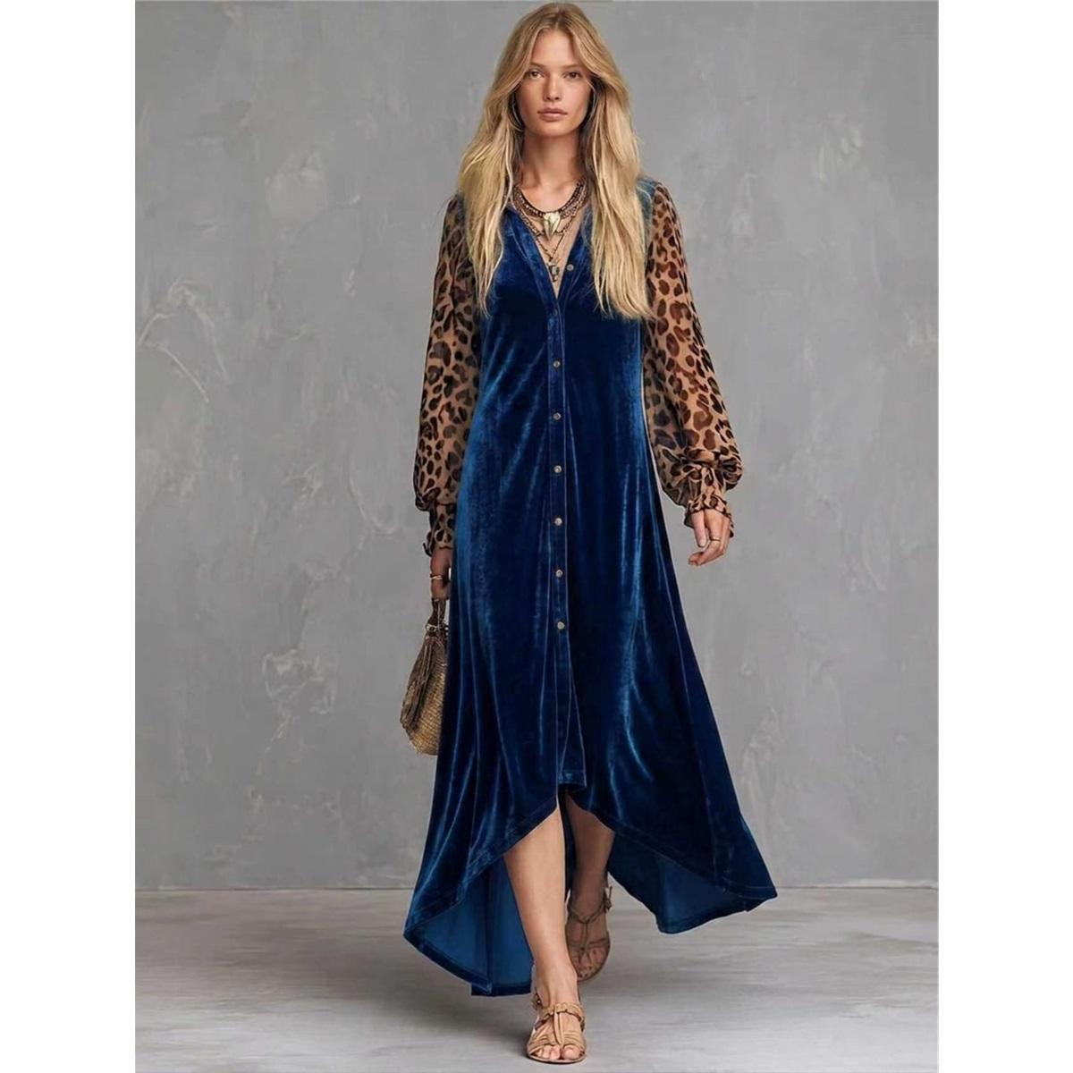 Damen Samt Maxikleid V-Ausschnitt Leopardenmuster Patchwork Puff Langarm Knopfleiste Vorne Unregelmäßiger Saum Party Maxikleider M