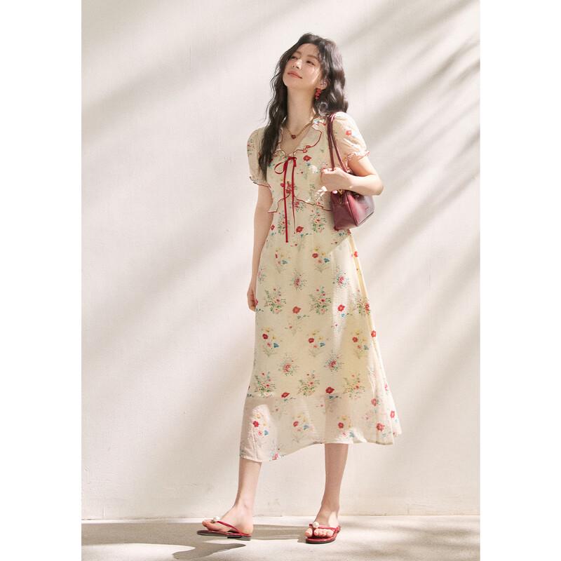Women's French Retro Floral Chiffon Midi Dress