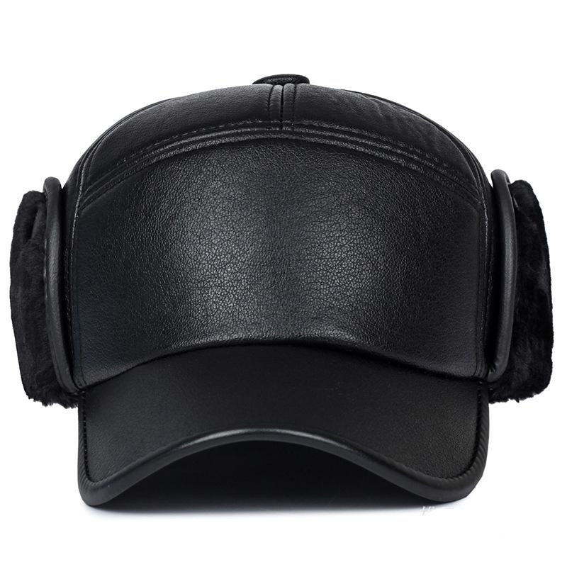 Winter Men's Leather Hat Thicken Leather Sheepskin Baseball Caps With Ears Warm Snapback Dad's Hats Sombrero De Cuero Del Hombre