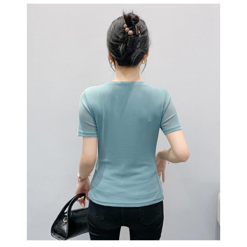 Womens V Neck Wrap Ruched Rhinestone Mesh Short Sleeve Casual Blouse
