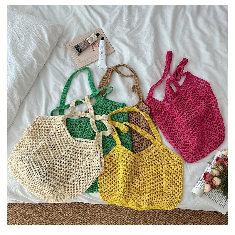 Crochet Mesh Tote Bag Hollow Woven Shoulder Bag Reusable Lightweight Knit Market Bag for Beach Travel Shopping and Daily Use