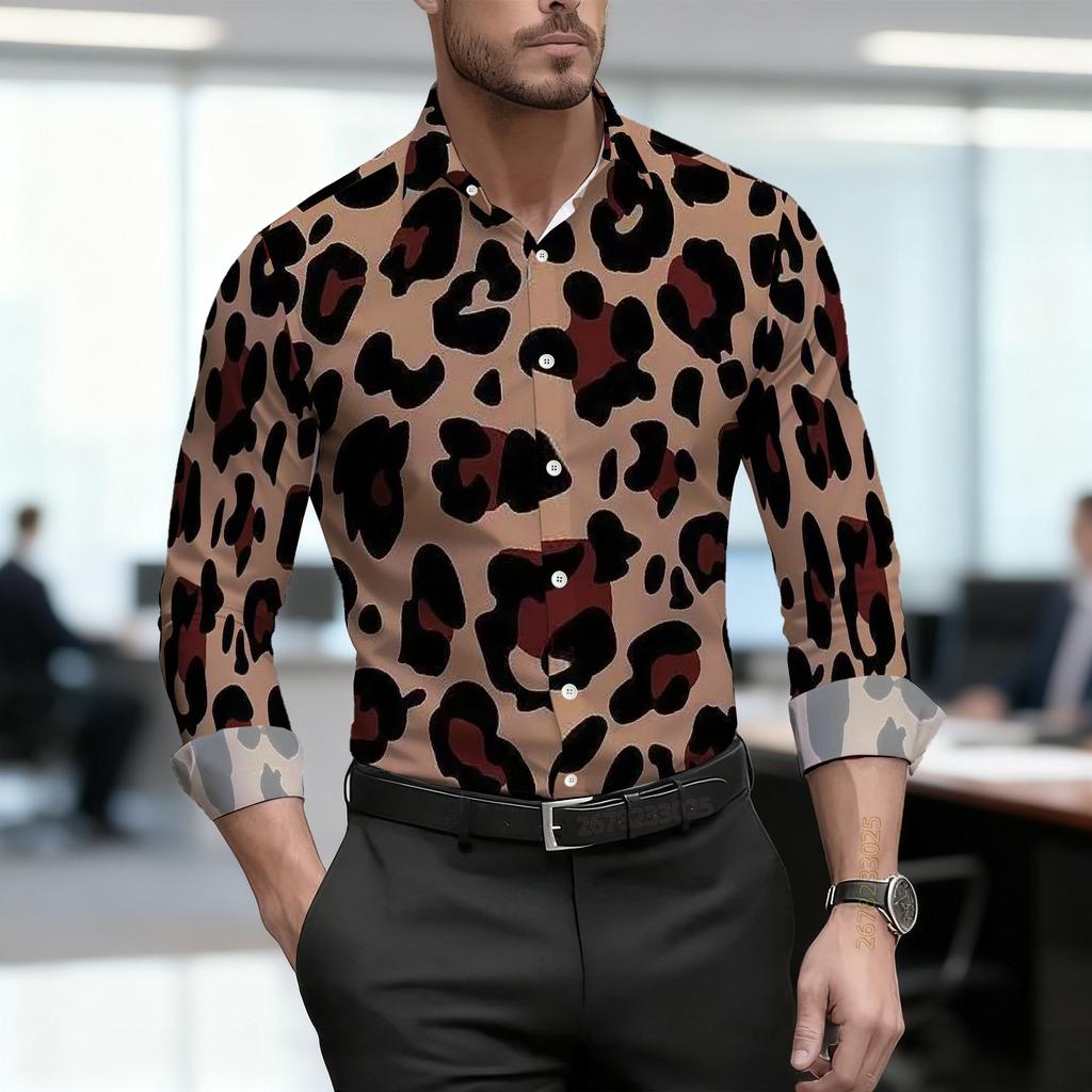 2026 Nuova Camicia da Uomo Personalità Retrò Stampa Leopardata Manica Lunga Business Slim Fit Tendenza Moda Top Casual da Uomo