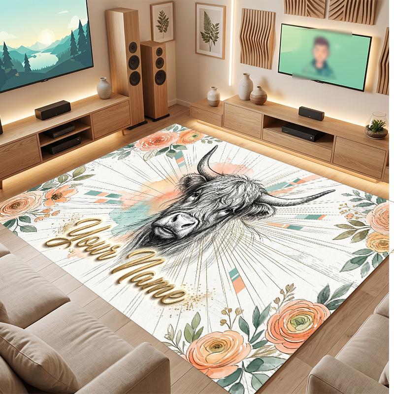 Highland Cow Theme Soft Crystal Velvet Rug Custom Name & Text Print Non Slip Floor Rug for Bedroom Living Room