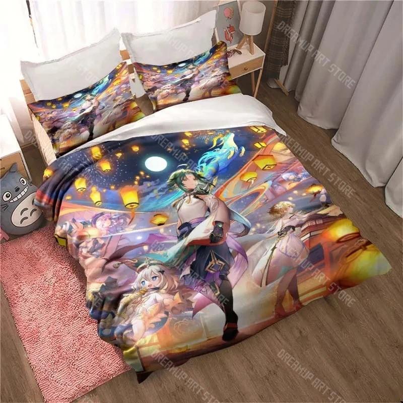 3D Genshin Impact Game Anime Quilt Cover Bed Quilt Cover Double King Bed Quilt Cover Home Textiles Boys Adults