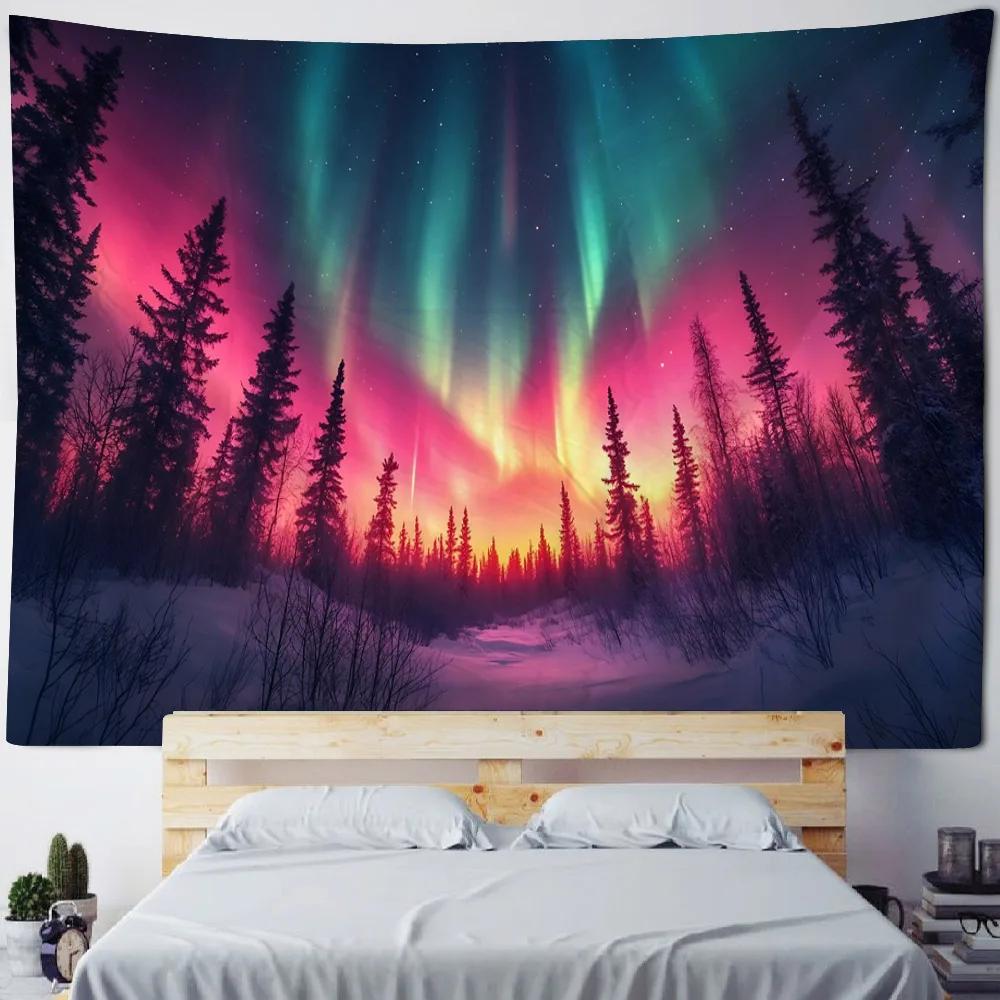 Psychedelic Starry Sky Aurora Landscape Tapestry Wall Hanging - Unique Background Poster for Home Dormitory Decoration Fabric Mu