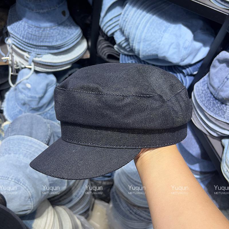 Flat top casual denim cap showing face small newsboy octagonal hat fashion shopping beret children shading trend