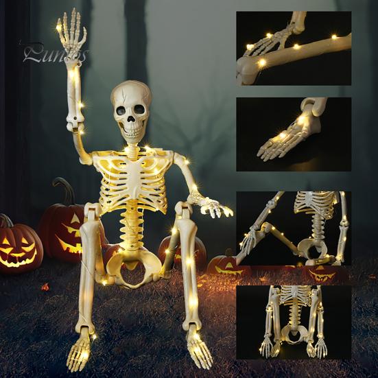 Cemetery Themed Landscaping 36 Inches LED Light Up Halloween Skeleton, 3FT Life Size Full Body Posable Skeleton Plastic Human Bones with Movable