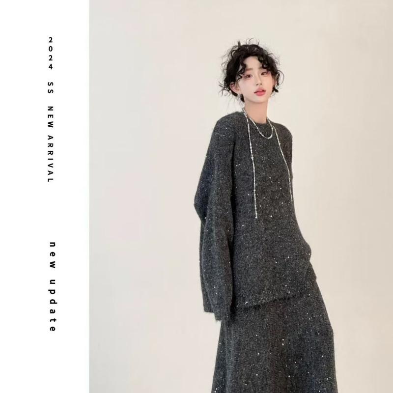 Lazy wind soft waxy sweater elastic waist fishtail long dress two-piece set autumn and winter new sequined knitted suit women