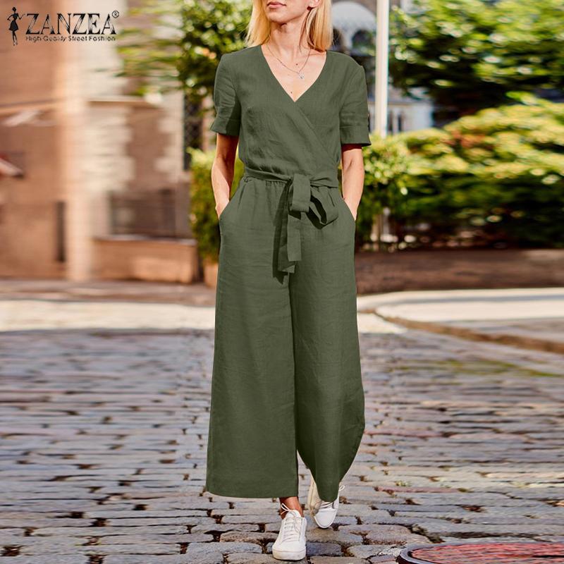 

ZANZEA Летние повседневные хлопковые комбинезоны с v-образным вырезом и короткими рукавами Комбинезоны