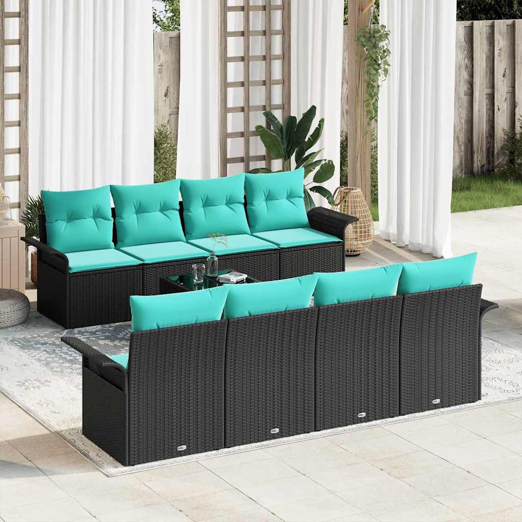 Garden Sofa Set with Cushions 9 pcs Black and Turquoise Poly Rattan