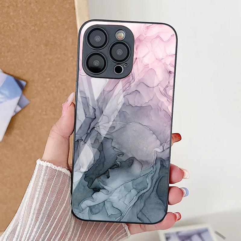 Gray-pink Marble Pattern Is Suitable for iPhone17ProMax Metallic Paint Glass Mobile Phone Protective Case 17 All-inclusive Delivery.