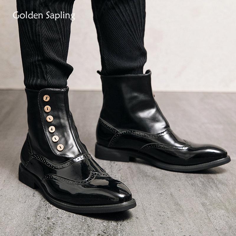 Golden Sapling Casual Men's Boots Leather Brogue Shoes Button Design Chelsea Boot Party Footwear Elegant Wedding Shoe