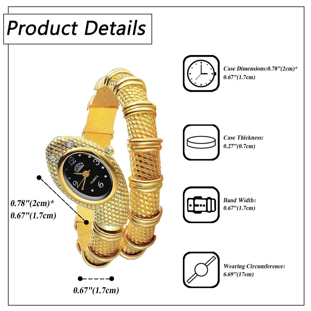 Snake Bracelet Watch: Analog Display, Waterproof, Stackable, Gold or Silver Quartz Watch, Cute Leisure Fashion Accessory - Perfect Gift for
