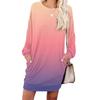 Women's Gradient Printed Fashionable Long-sleeved Round-neck Pocket Dress
