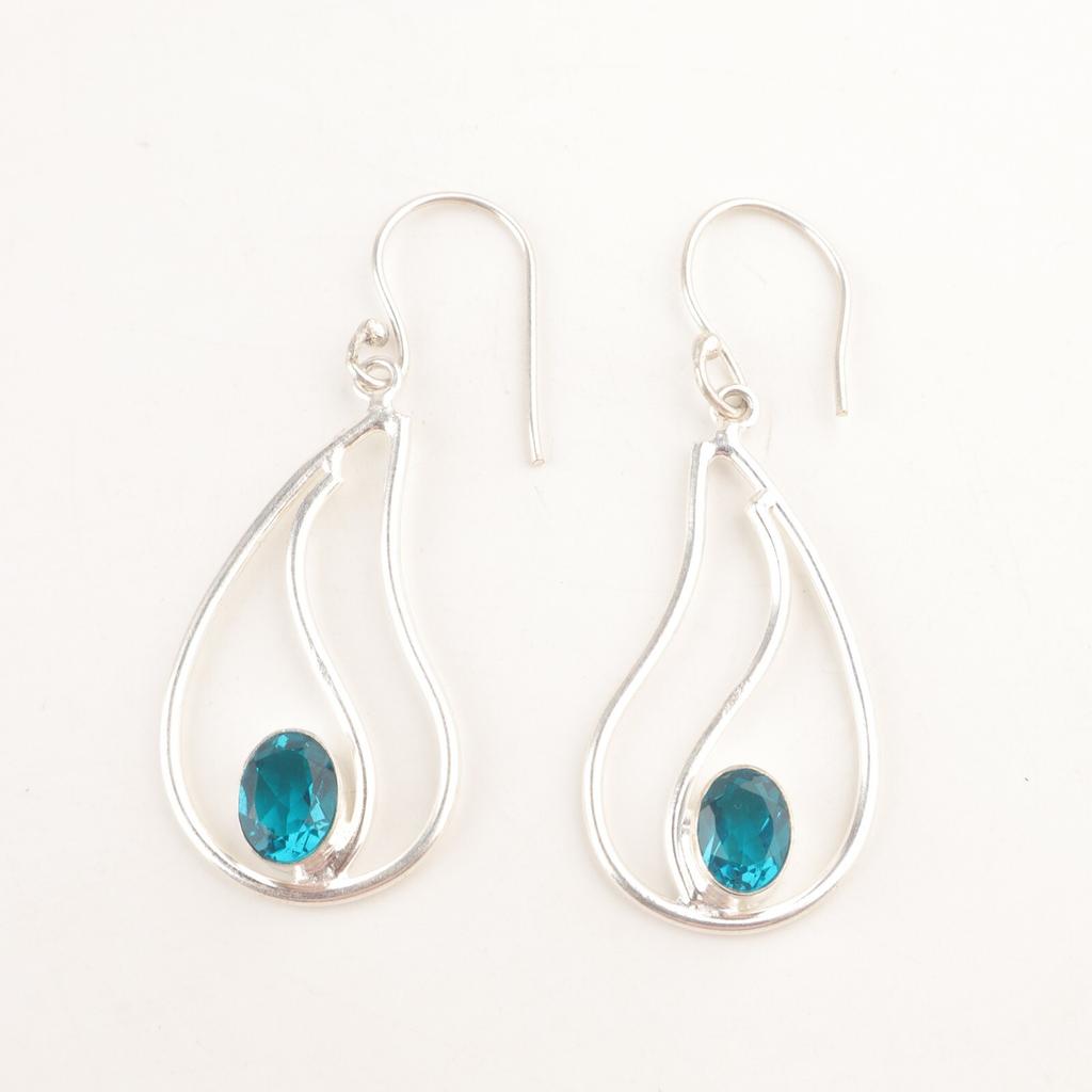 Oval Natural Apatite 925 Silver Daughter Gift Dangling Throat Chakra Earrings EE-139-2