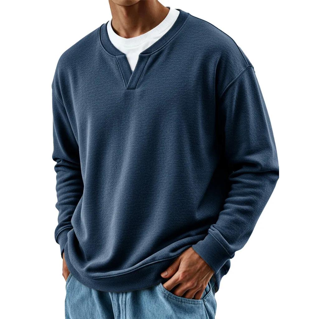 Men's Fashion Solid Color Round Neck Long Sleeve Casual Fashion Versatile Long Sleeve Loose T-shirt Top