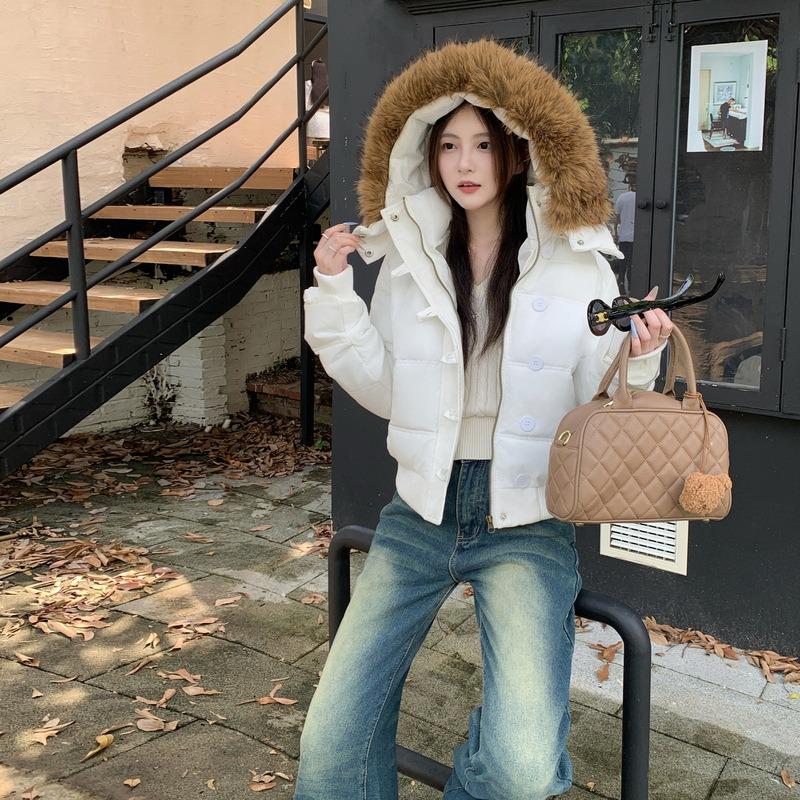 Winter new hooded cotton-padded clothes, cotton-padded clothes are thin and simple, big fur collar short coat women