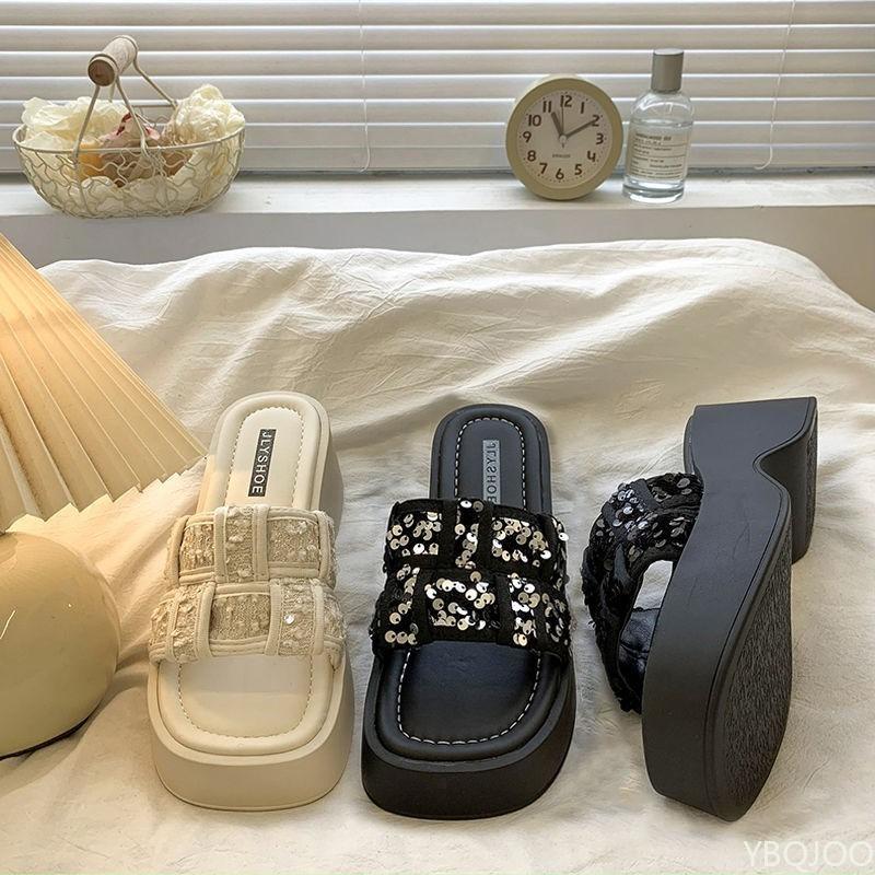 Open-toe Women's Casual Comfortable Fish Mouth Shoes Women Summer Sequin High-heeled Sandals Simple Thick-sole Slippers 2025 New