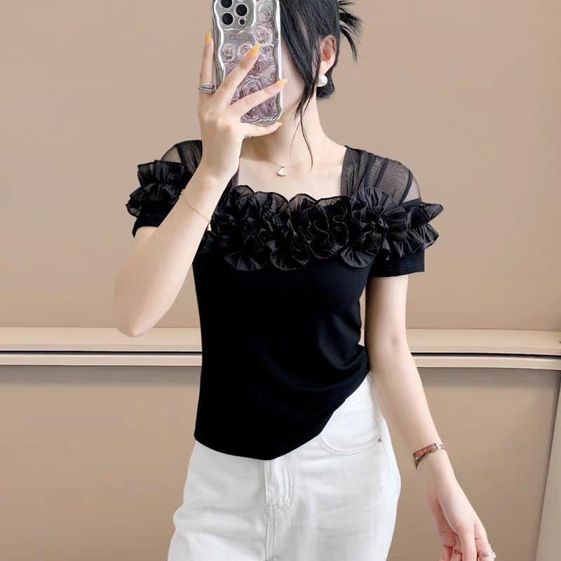 Klassisk Sommer Dame Mesh Volang Blomsterpynt Firkantet Krage Kort Ermet T-skjorte Elegant Boutique Dame Casual Topper T-skjorter