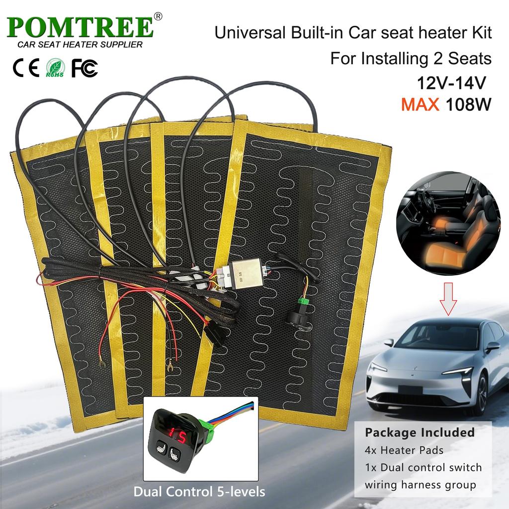 Kit Chauffant Universel Intégré pour Siège Auto 12V Convient pour 2 Sièges avec 4 Pièces de Tapis Chauffants en Fil d'Alliage 108W et Interrupteur de Commande Double à 5 Niveaux