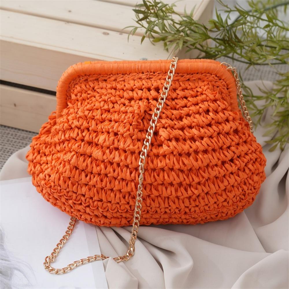 New Large Capacity Straw Woven Bag Solid Color Straw Weaving Straw Crossbody Handbag with Chain Strap Shoulder Bag Beach