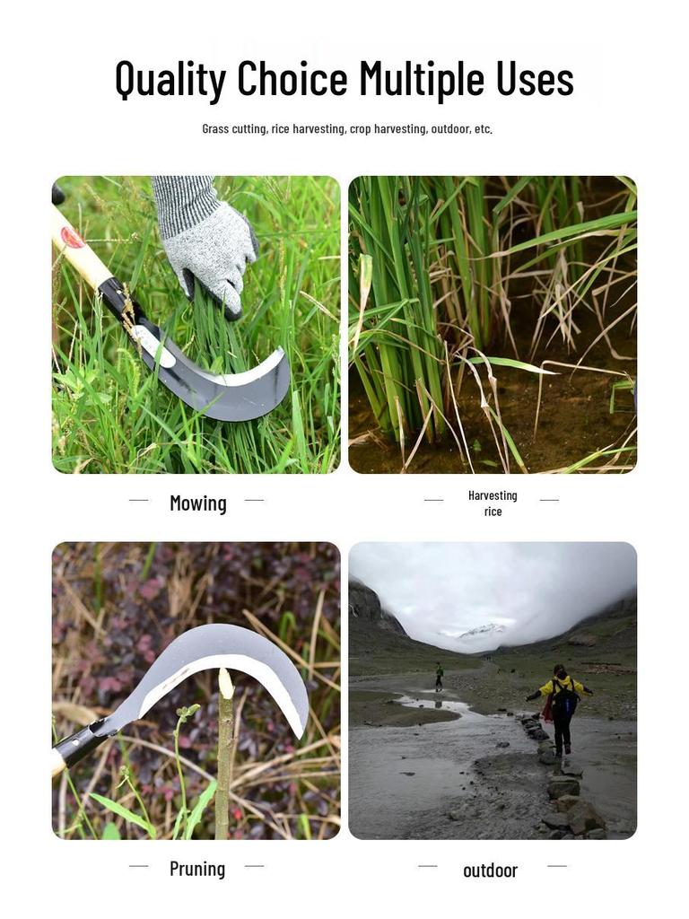 Large Outdoor Manganese Steel Weed Scythe - Long Handle Sickle for Grass Cutting and Corn Harvesting