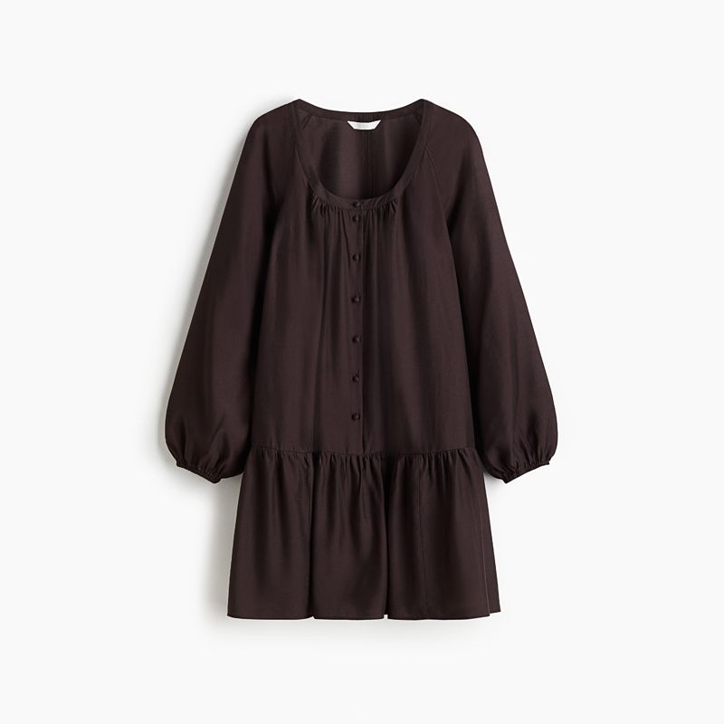 

HM Women s A- line Style Dress 2025 Summer New Arrival Woven Button Front Lantern Sleeve Dress 1302090 Dark brown 160/88