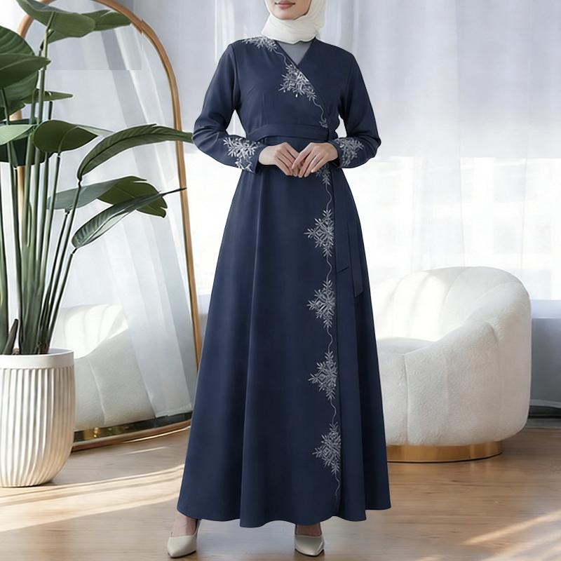 ZANZEA Women Casual V-Neck Loose Long Sleeve Muslim Dress