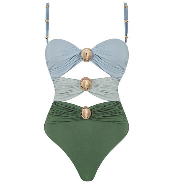 

Women One-piece Swimsuit with Gold-plated Round Buckle Decoration, Three Color Splicing, Sexy Hight Waist Beachwear Monokini Swimsuit Set Summer s