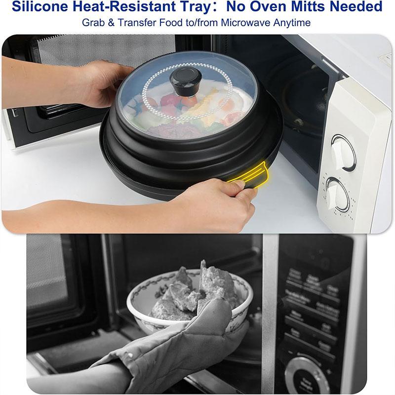 Collapsible Microwave Ovent Splatter Cover for Food with Tray Vented Silicone Splatter Guard Lid Plate Holder Kitchen Colander