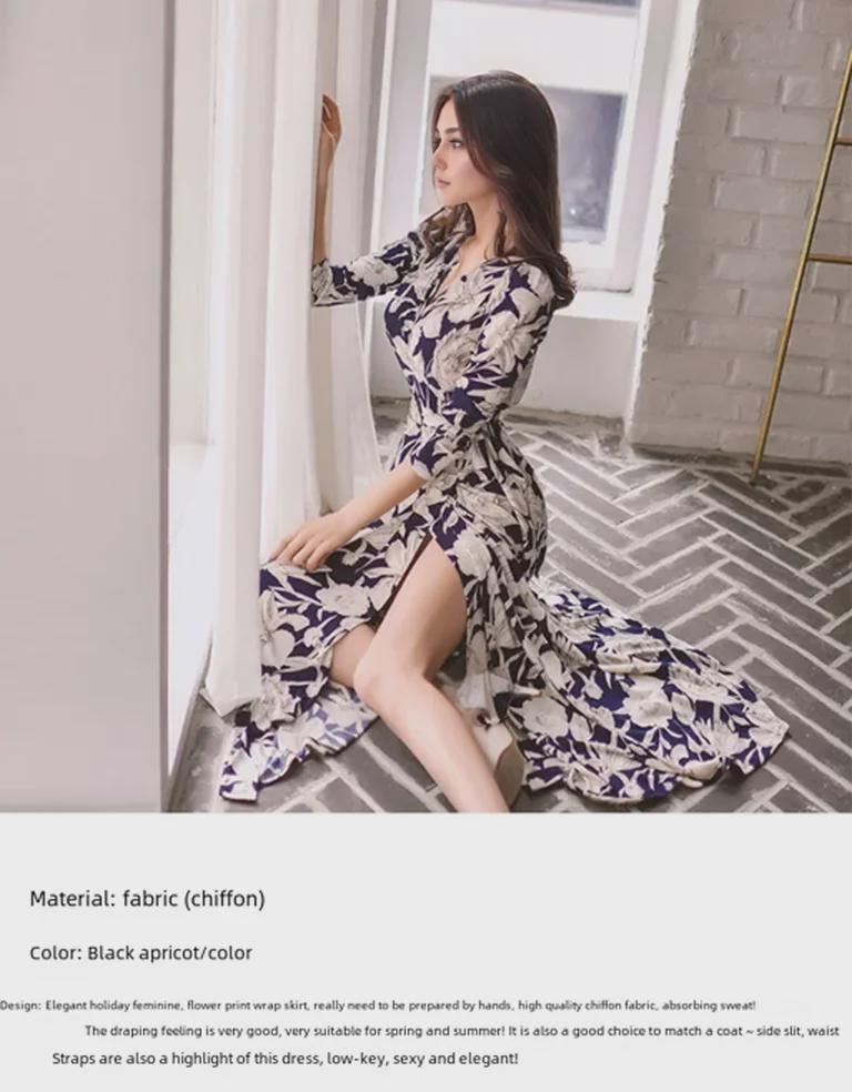 Sukienka kopertowa z szyfonu ze sznurowaniem i rozcięciem w talii - Elegancka długa spódnica