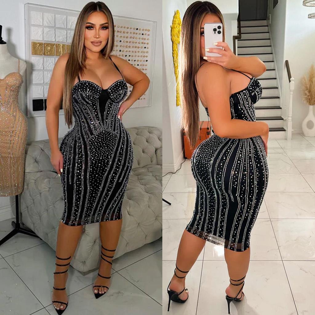 Z2221 Women's Sexy Mesh Diamond Suspender Dress - Autumn/Winter Nightclub Wear