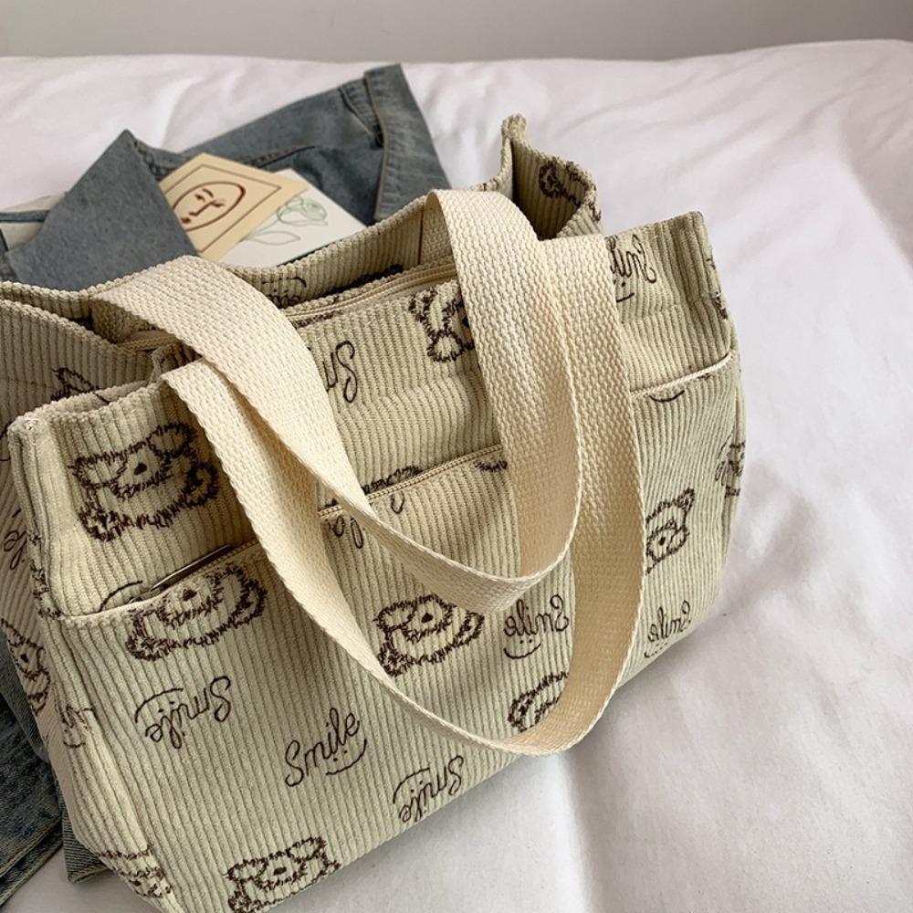 Durable Corduroy Tote Bag Cartoon Bear Large Capacity Lunch Bag Food Bag Travel