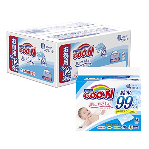 GOOON Skin-Friendly Baby Wipes Refill, 70 Wipes X 12 Packs (Case Sold)