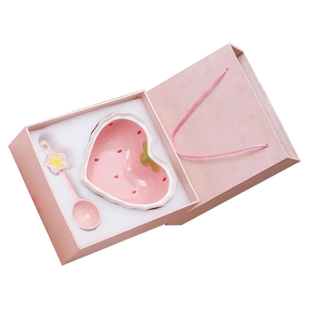 Strawberry Love Heart Bowl Pink Cute Lovely High Temperature Firing Ceramic Dessert Bowl with Spoon for Salad 1 Bowl 1 Spoon