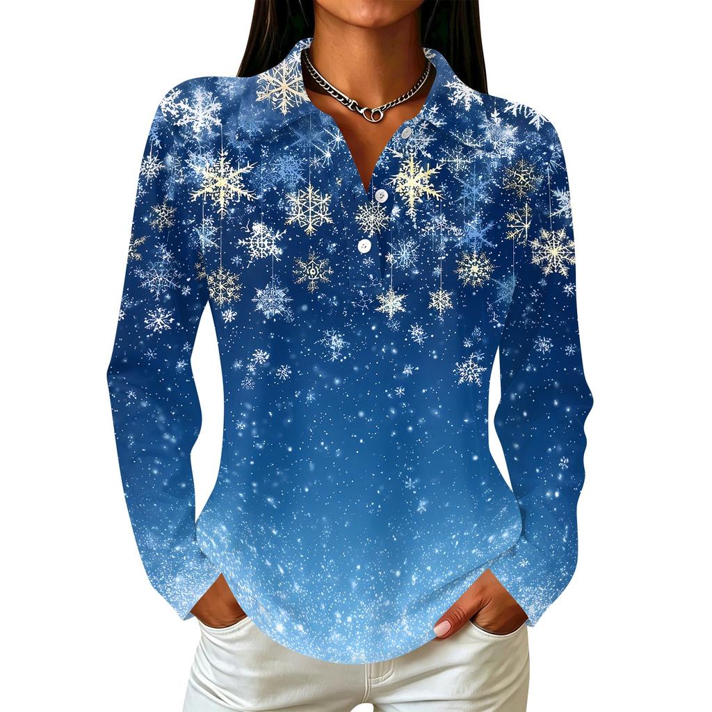 Women's Casual Long Sleeve Christmas Print Button Front Top with Collar and Side Slits