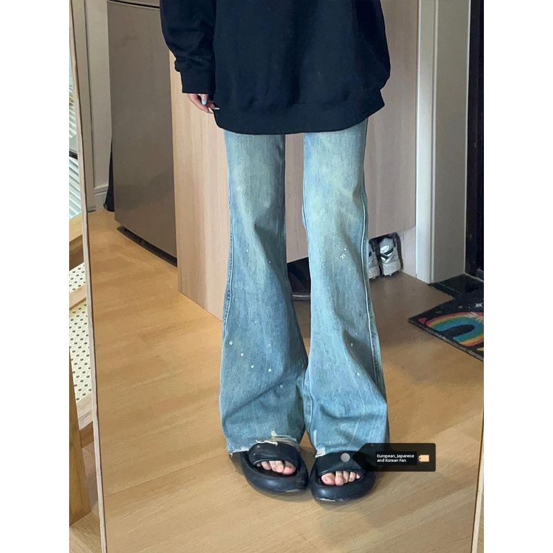 

Plus size American Washed Blue Hot Drilling Frayed Edge Micro-Pull Jeans Women Summer High Waist Slimming Mop Horn Long Pants Water wash blue L [Suggested 52.50 kg-60.00 kg]]