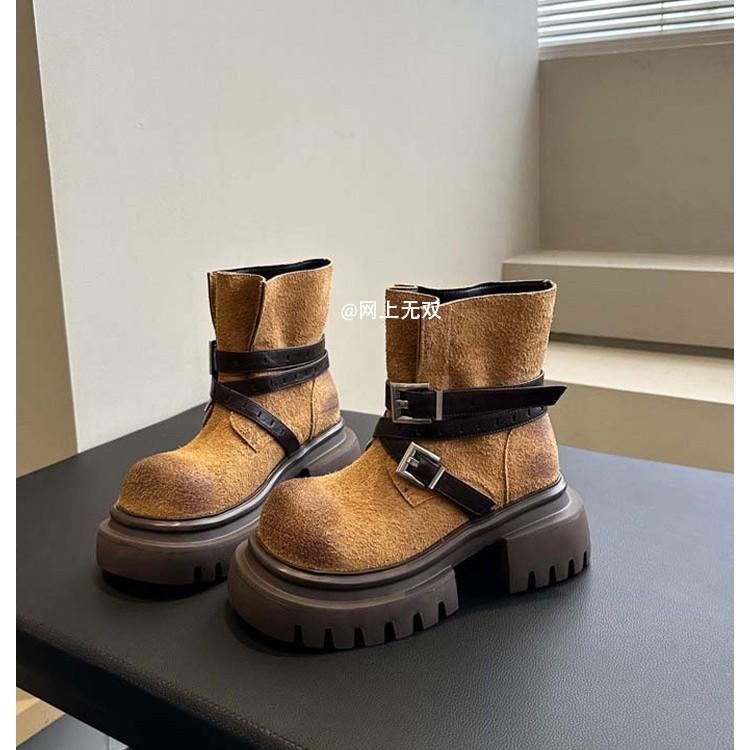 Coarse Heel Platform Short Boots Women's 2025 New Autumn and Winter Small High Heel Cow Anti-velvet Retro Belt Buckle Martin Boots