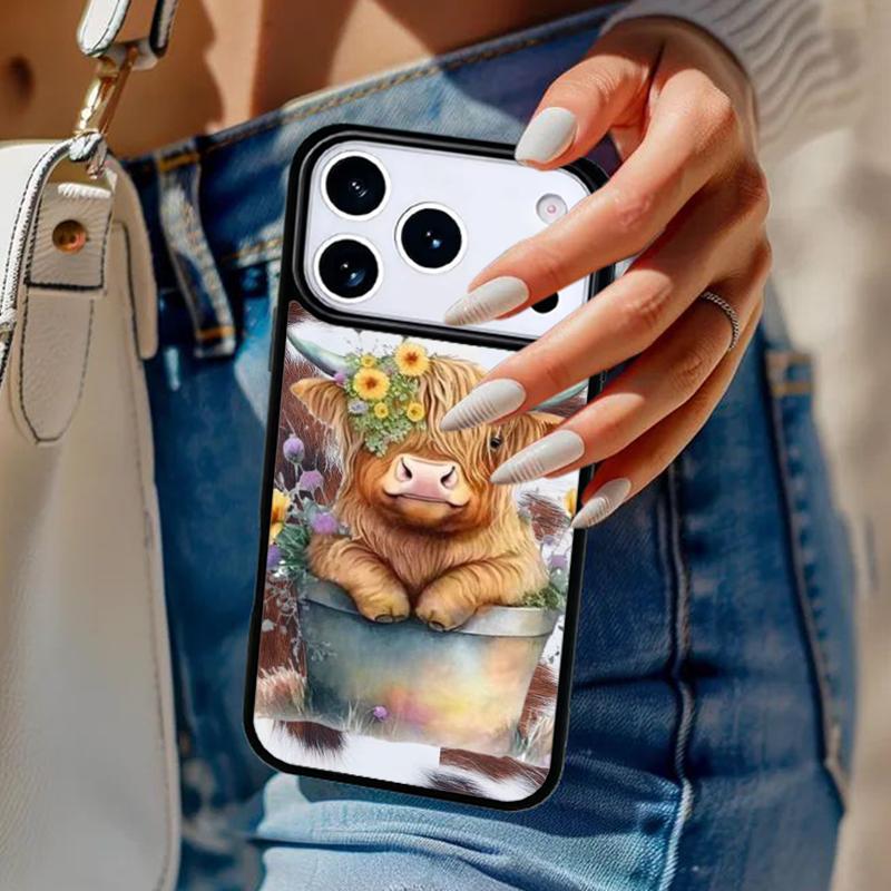Western Highland Cow Sunflower Cute Phone Case For iPhone 17 Air 14 15 13 12 Max Cover For Apple 16e 11 Pro Max Plus Coque