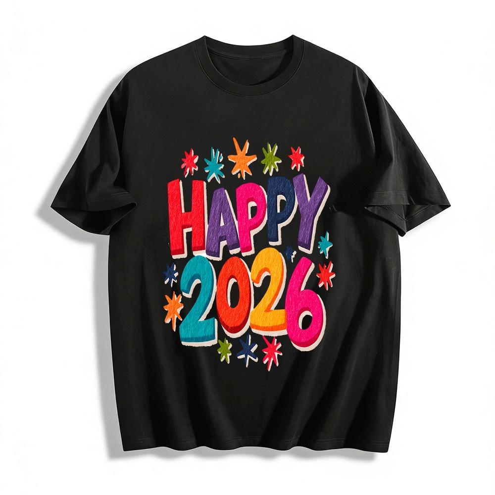 Happy 2026 Colorful Letter Print Casual Loose Fit Top Pure cotton T-shirt XXS