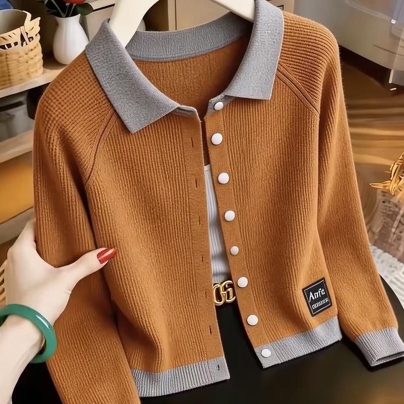 Zuose Women's Colorblock Polo Neck Knit Cardigan