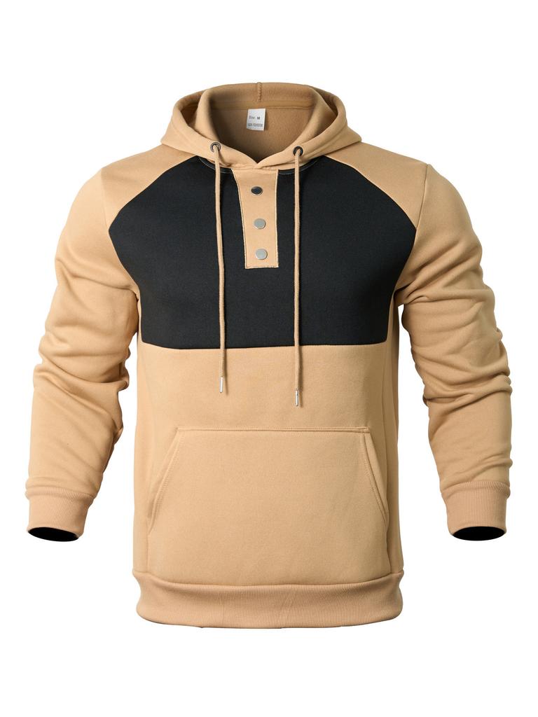 New Casual Men's Hooded Sweatshirt Contrasting Color Splicing Plus Velvet Pullover Handsome Top