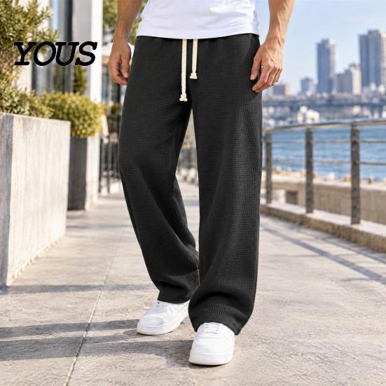 Soft Polyester Streetwear Men Waffle Baggy Trousers, Wide Leg Drawstring Waist Slacks, Loose Fit Relaxed Travel Pants Casual Sweatpants with