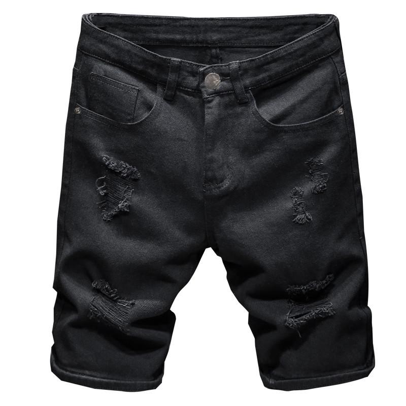 Pantaloni scurți simpli casual pentru bărbați, din denim până la genunchi, culoare uni, slim, cu găuri